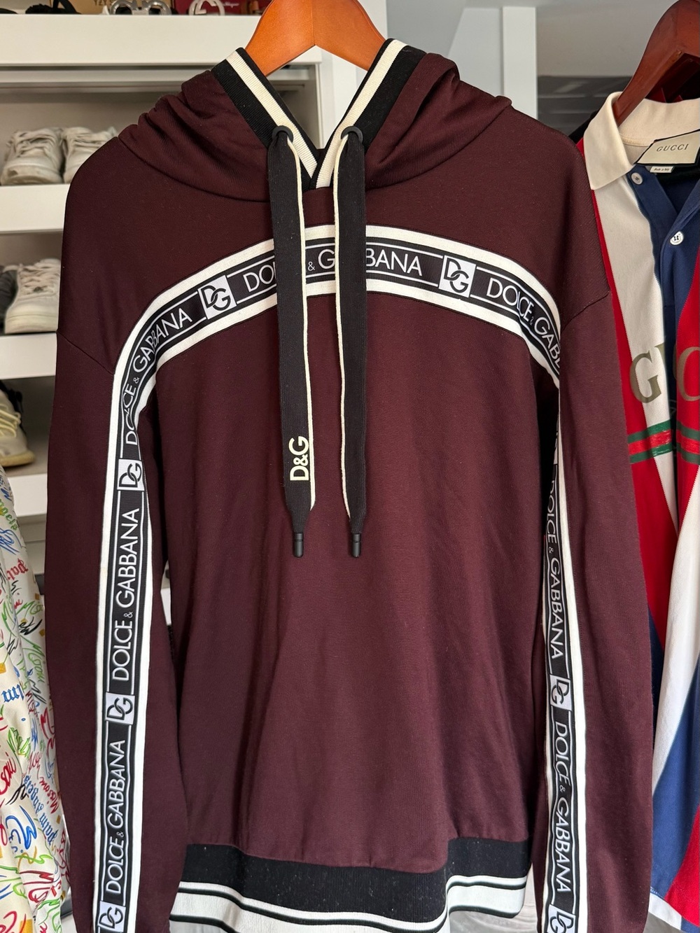 Dolce & Gabbana Burgundy Hooded Sweatshirt with Logo Trim FW19